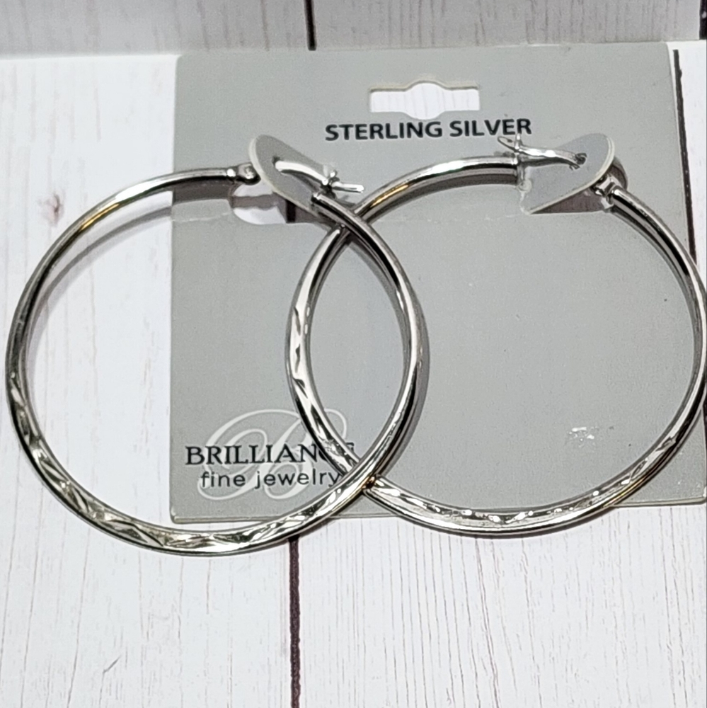 Brilliance Fine Jewelry Sterling Silver Textured Bottom Hoop Earrings New